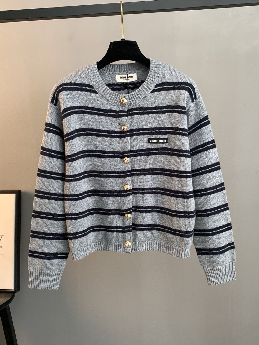 Miu Miu Gray Crewneck Sweater with Navy Stripes